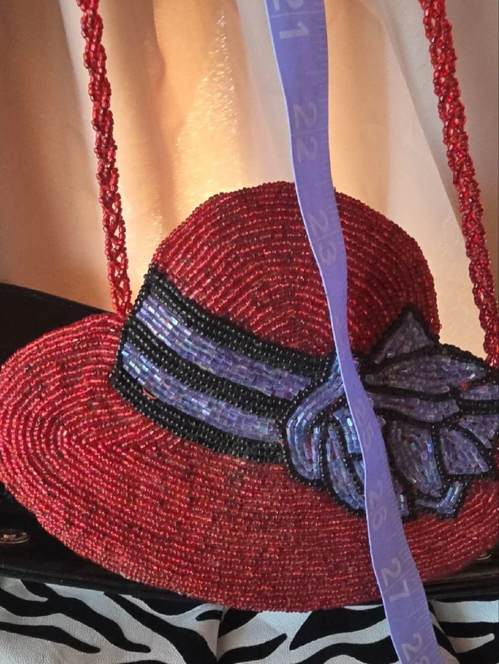 Red Hat Society Beaded Hat-Shaped Crossbody Bag with Purple Bow